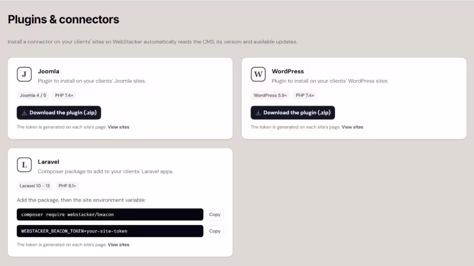 WebStacker-Verbindungs-Plugins für WordPress, Joomla und Laravel.