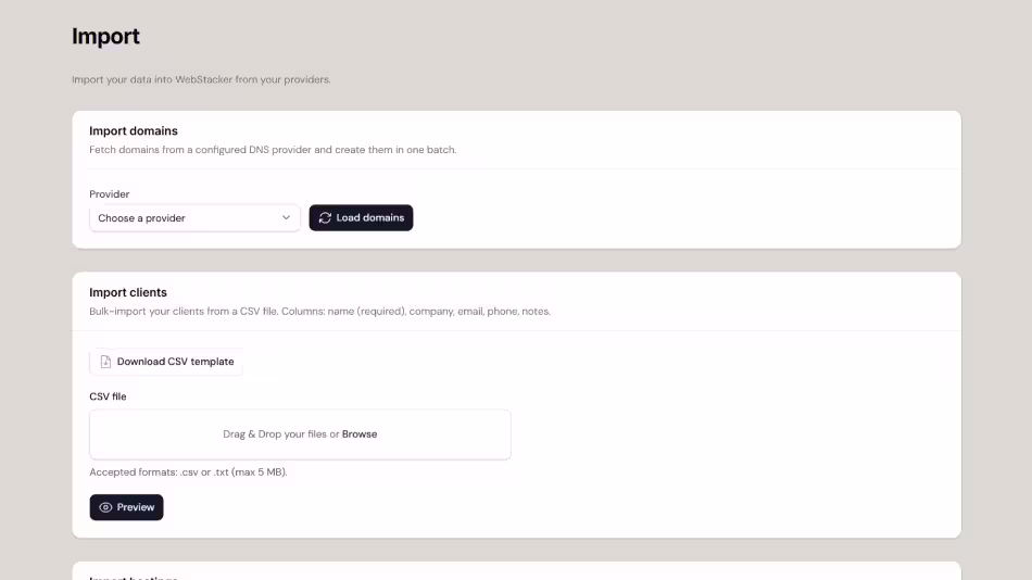 Import-Bildschirm: eine eingefügte URL, Technologien automatisch erkannt.