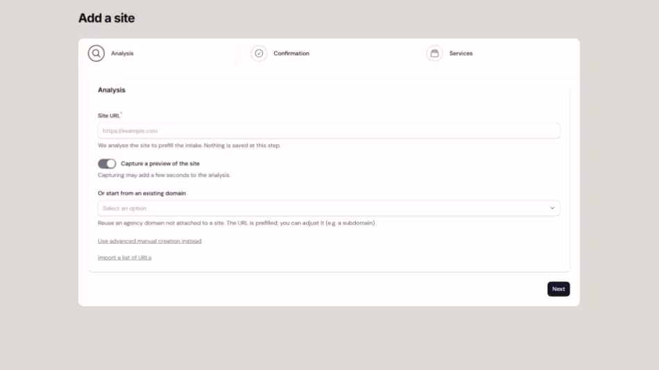 Schritt 2: automatische Analyse von DNS, CMS, Registrar und Hoster.